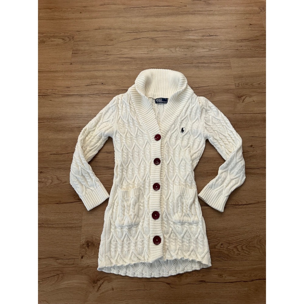 Polo Ralph Lauren Y2K Cable Knit Long Cardigan Women S Wool Cotton Ivory